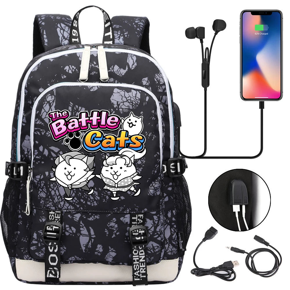 Sac à dos mignon, pour l'école, étudiant, chargeur USB, pour ordinateur portable, garçons et filles, voyage quotidien, adolescent, collège, The battle cats