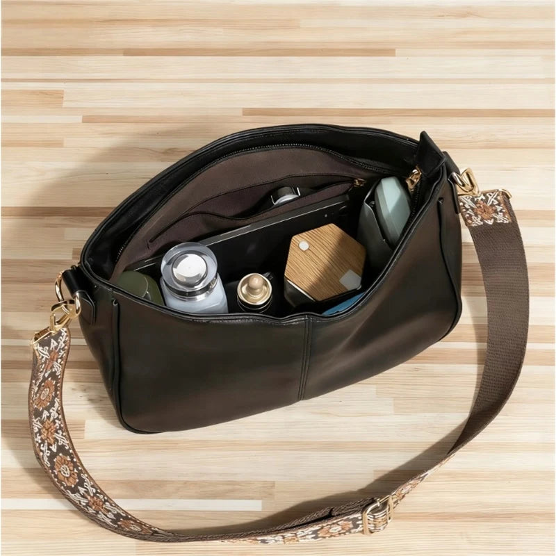 Sac à bandoulière vintage en cuir PU pour femme avec large sangle brodée