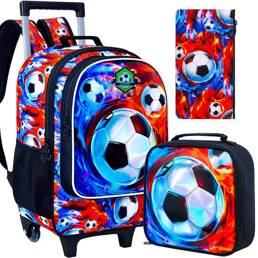 Cartable à roulettes, sac d'école primaire avec sac à lunch, football