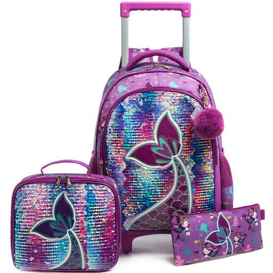 Sac à dos à roulettes sirène, 3 pièces