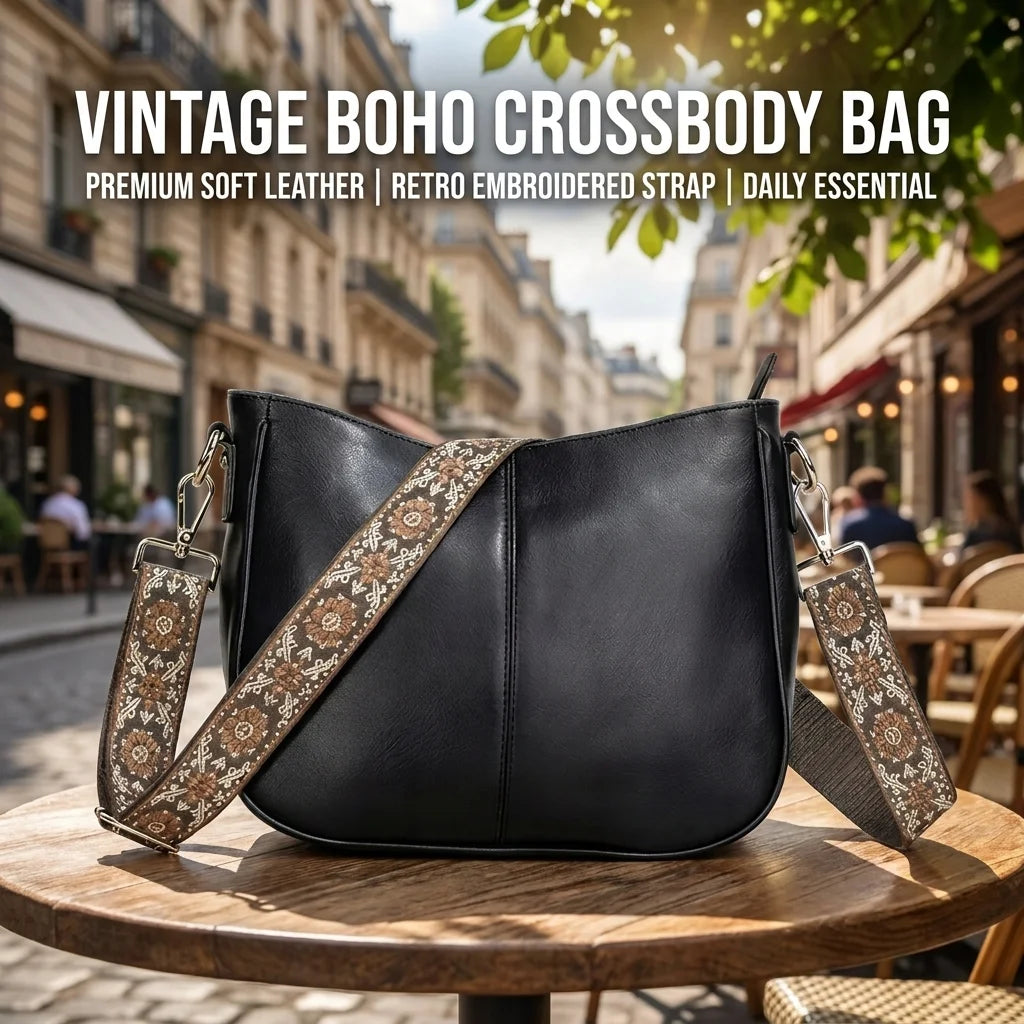Sac à bandoulière vintage en cuir PU pour femme avec large sangle brodée