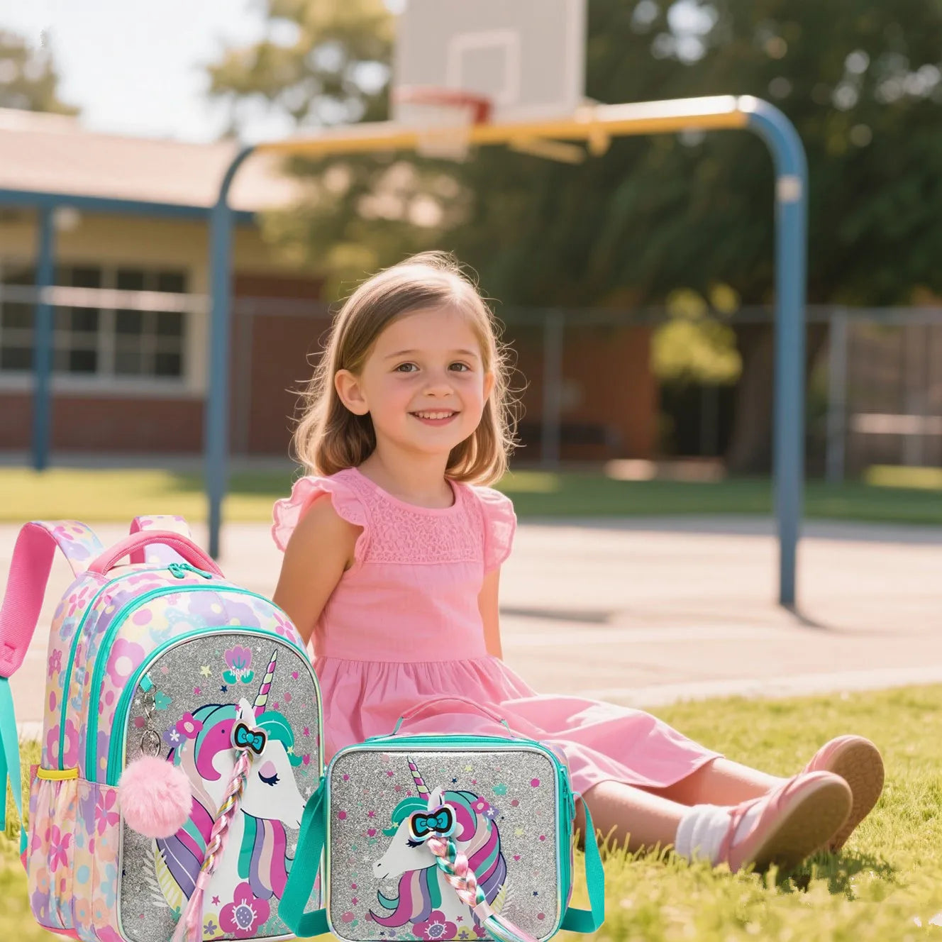 Ensemble de 3 sacs à dos d'école pour fille, sac à déjeuner, trousse
