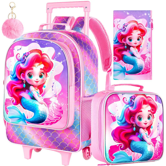 Sac à dos à roulettes pour filles, 3 pieces