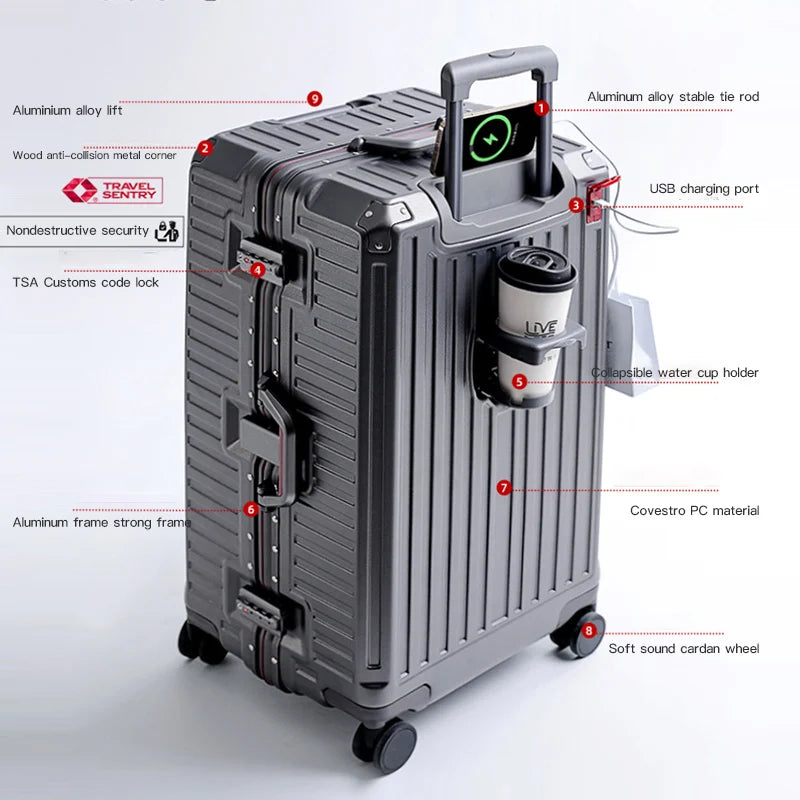 Valise à poignée large valise de voyage hommes 20 24 26 bagage à main femmes PC cadre en aluminium boîtier de chariot