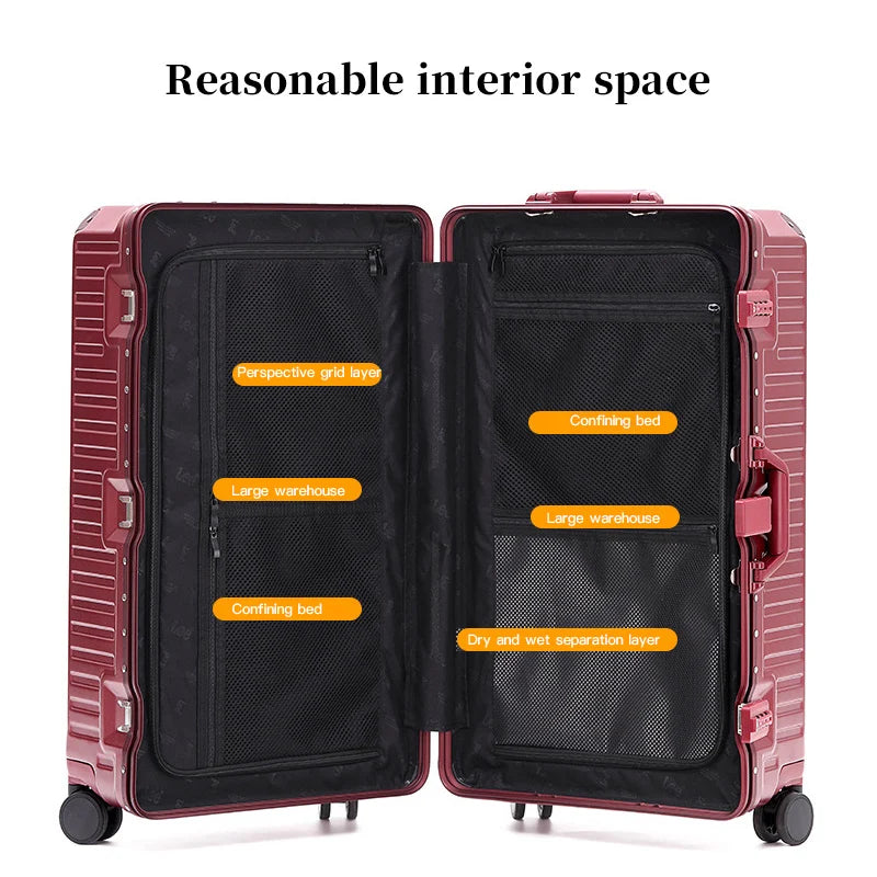 Valise à poignée large valise de voyage hommes 20 24 26 bagage à main femmes PC cadre en aluminium boîtier de chariot, intérieure