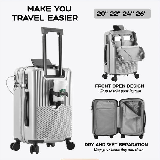 bagages durables pour hommes, valise avant ouverte, serrure TSA, roue tournante silencieuse USB, chargement, voyage à main, nouveau, 2024, 20, 22, 24/26