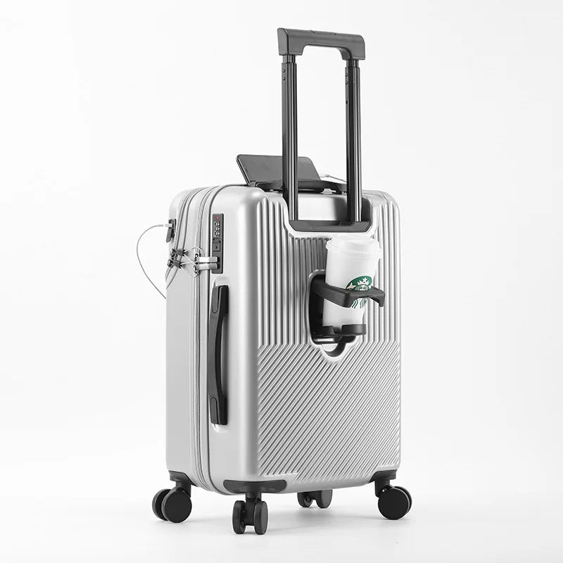 bagages durables pour hommes, valise avant ouverte, serrure TSA, roue tournante silencieuse USB, chargement, voyage à main, nouveau, 2024, 20, 22, 24/26, blanc