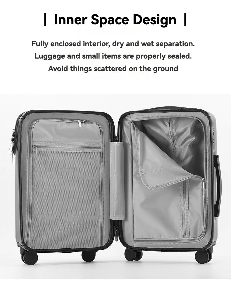 bagages durables pour hommes, valise avant ouverte, serrure TSA, roue tournante silencieuse USB, chargement, voyage à main, nouveau, 2024, 20, 22, 24/26, interieure