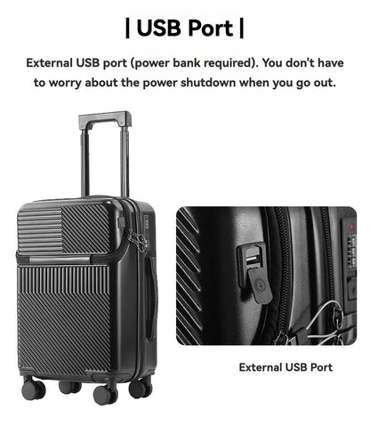 bagages durables pour hommes, valise avant ouverte, serrure TSA, roue tournante silencieuse USB, chargement, voyage à main, nouveau, 2024, 20, 22, 24/26