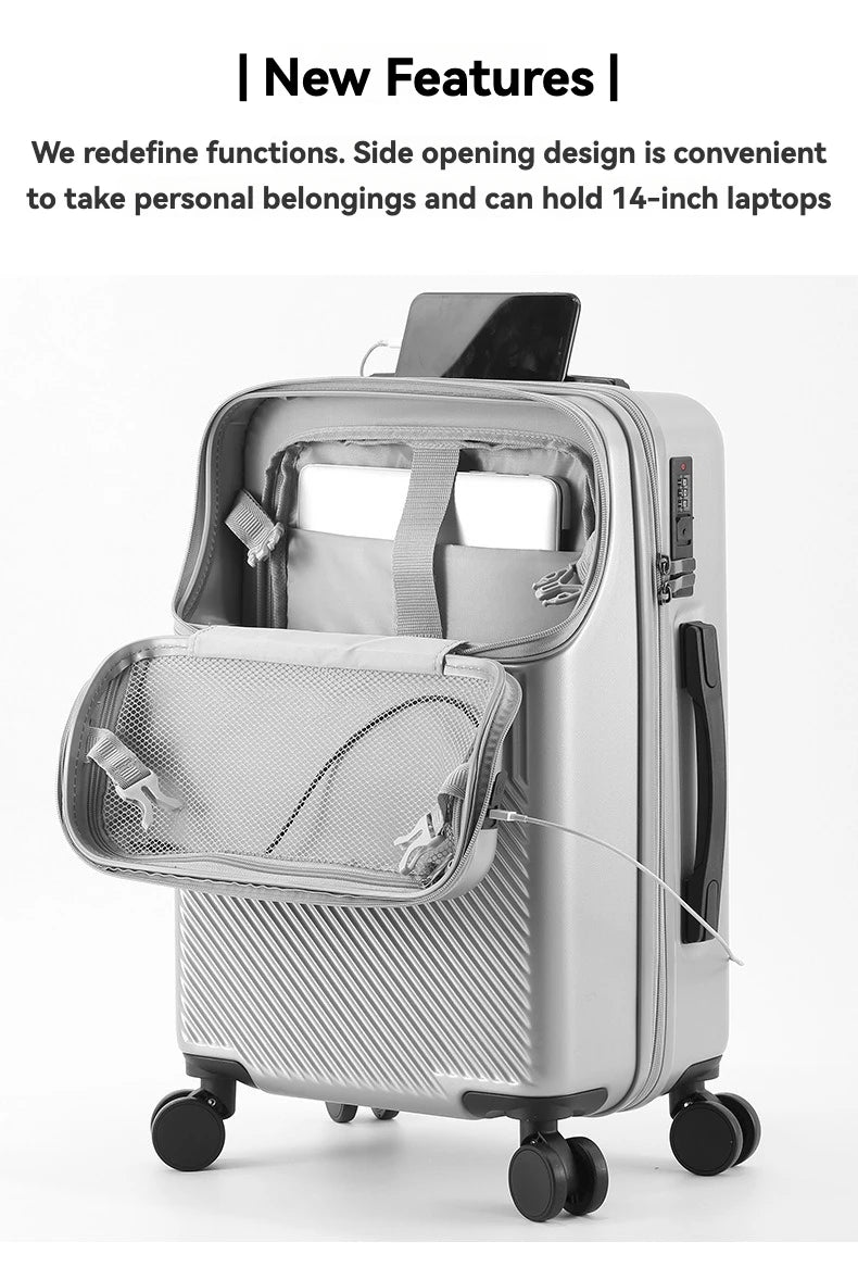 bagages durables pour hommes, valise avant ouverte, serrure TSA, roue tournante silencieuse USB, chargement, voyage à main, nouveau, 2024, 20, 22, 24/26