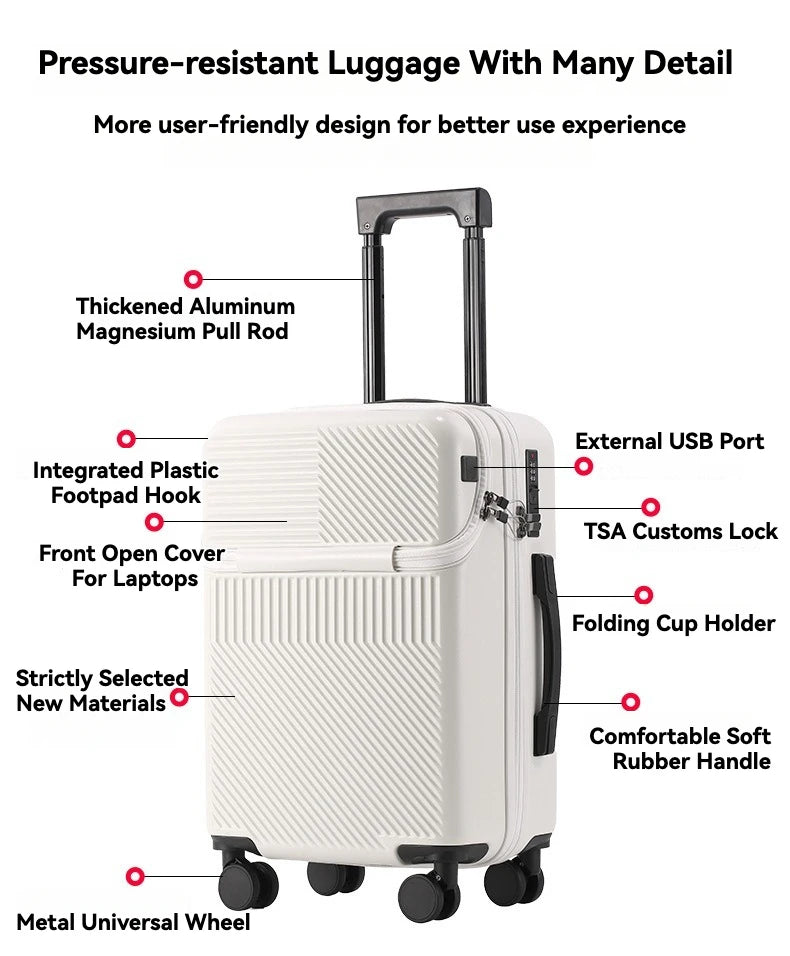 bagages durables pour hommes, valise avant ouverte, serrure TSA, roue tournante silencieuse USB, chargement, voyage à main, nouveau, 2024, 20, 22, 24/26 pouces