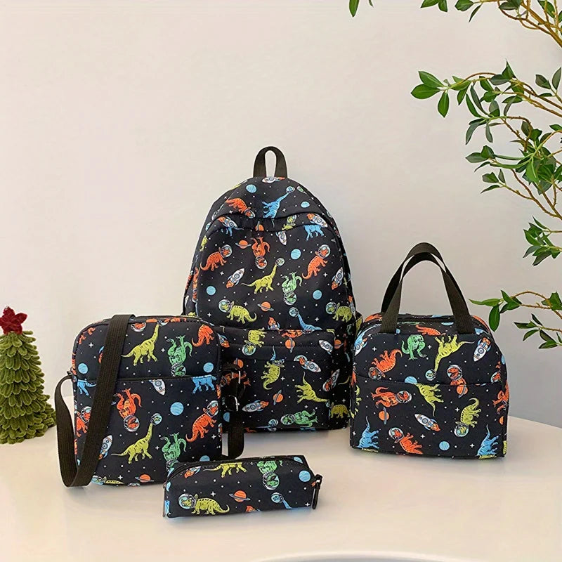 4 pièces ensemble retour à l'école grande capacité sac à dos & sac à main et trousse à crayons décontracté mode sac à dos dessin animé motif impression pour l'école