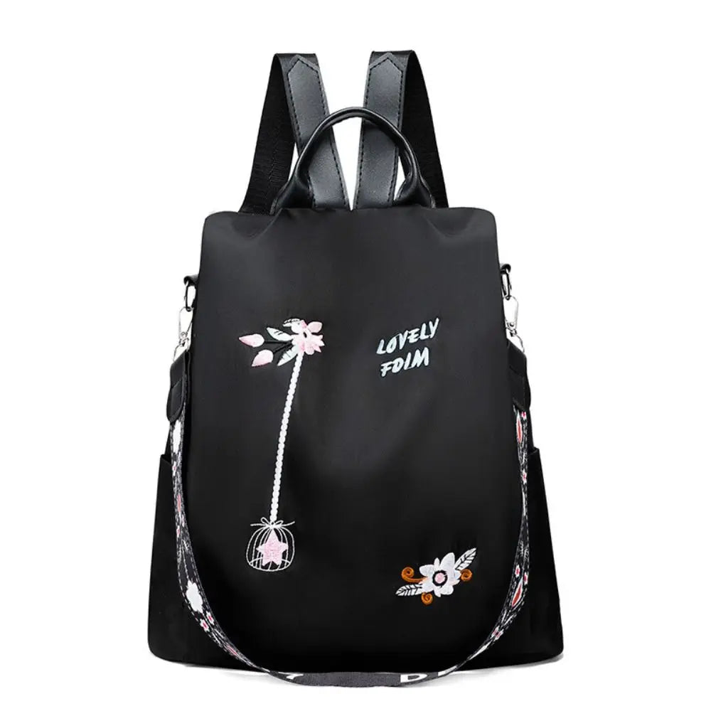 sac à dos étanche pour femmes, sac d'école antivol, broderie de styliste, grande capacité, sac à main de voyage à bandoulière, noir