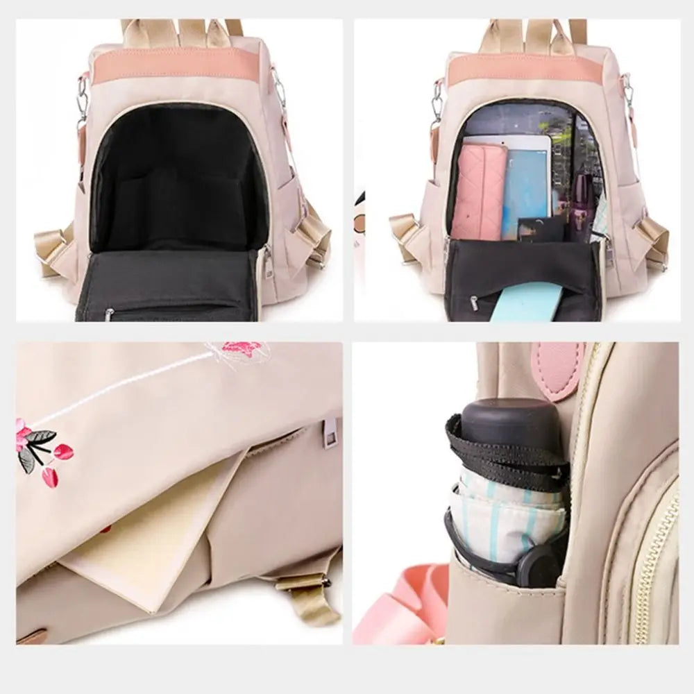 sac à dos étanche pour femmes, sac d'école antivol, broderie de styliste, grande capacité, sac à main de voyage à bandoulière