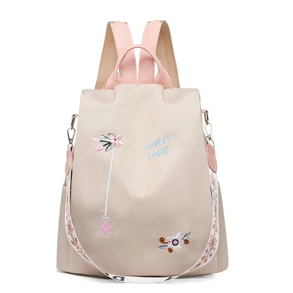 sac à dos étanche pour femmes, sac d'école antivol, broderie de styliste, grande capacité, sac à main de voyage à bandoulière, beige