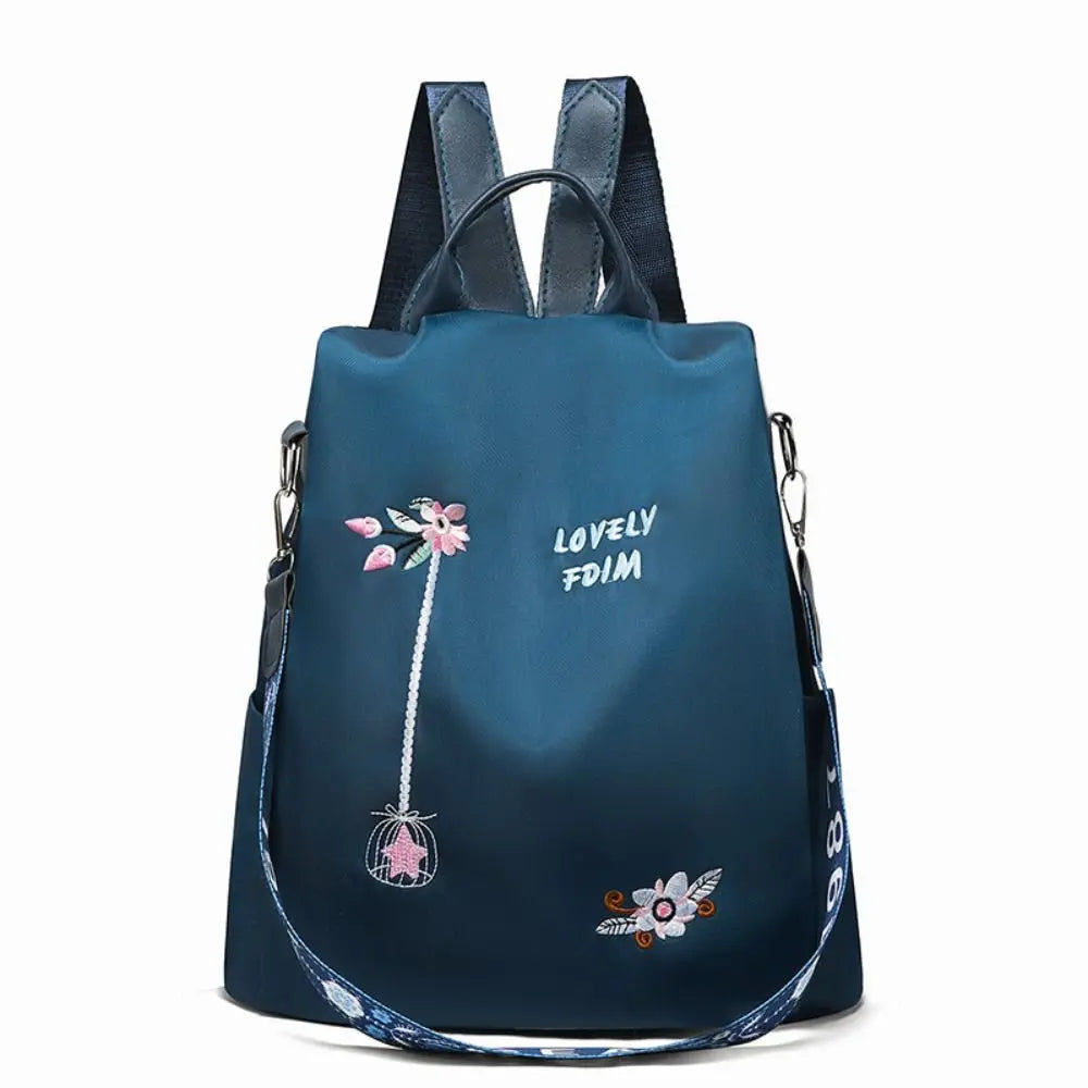 sac à dos étanche pour femmes, sac d'école antivol, broderie de styliste, grande capacité, sac à main de voyage à bandoulière, bleu
